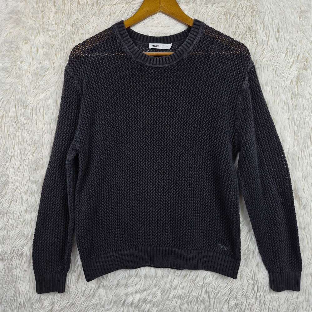 TNA Aritzia Women Medium Charcoal Grey Open Knit Alameda Crewneck Sweater